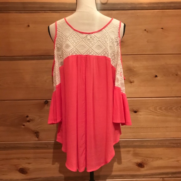 Coral Cold Shoulder Top with Cream Lace - Picture 3 of 5